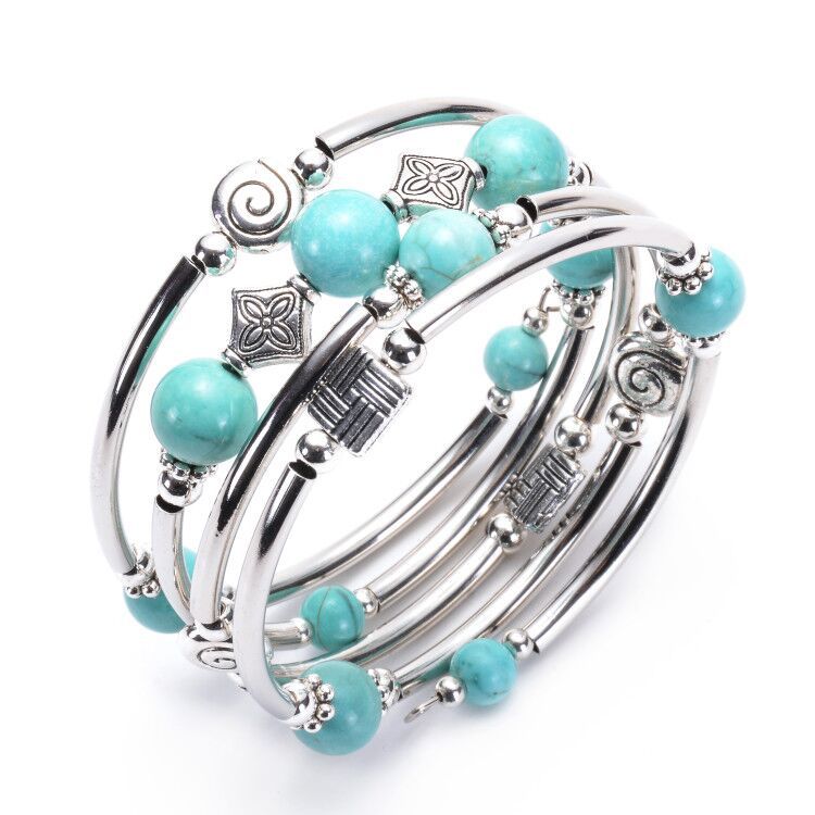 Natural Turquoise Stone Beaded Chakra Silver Plated Bracelets, Layered Bohemian Bangle, Wrap Bracelets For Her, For Women Ladies