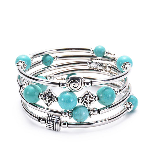 Natural Turquoise Stone Beaded Chakra Silver Plated Bracelets, Layered Bohemian Bangle, Wrap Bracelets For Her, For Women Ladies