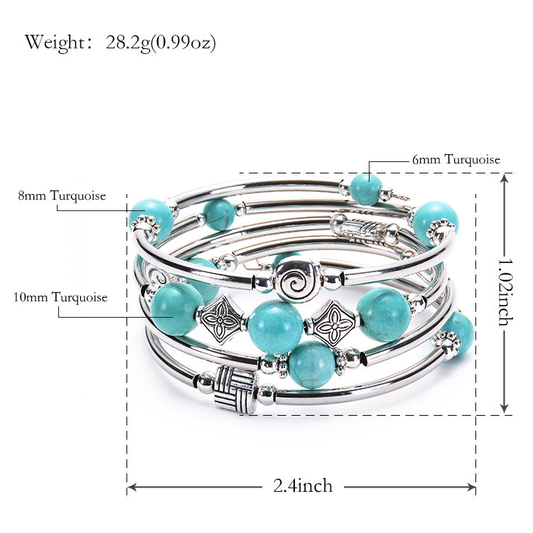 Natural Turquoise Stone Beaded Chakra Silver Plated Bracelets, Layered Bohemian Bangle, Wrap Bracelets For Her, For Women Ladies