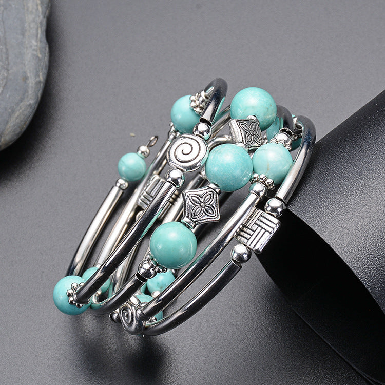 Natural Turquoise Stone Beaded Chakra Silver Plated Bracelets, Layered Bohemian Bangle, Wrap Bracelets For Her, For Women Ladies