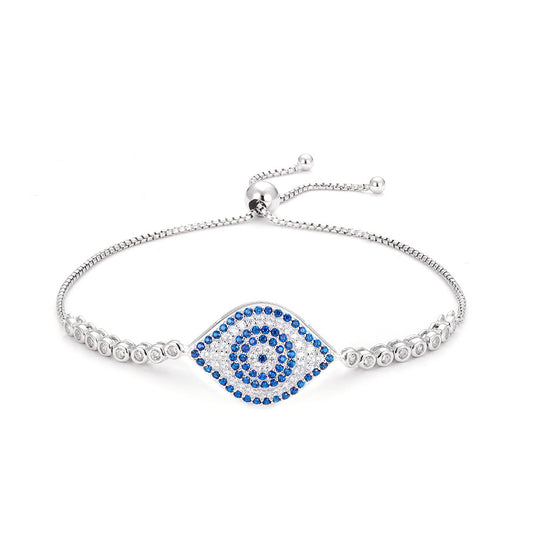 Blue Turkish Eye Tennis Bracelet in 925 Sterling Silver with Cubic Zirconia and 10 Inch Adjustable Box Chain, Sterling Silver Cubic Zirconia, Cubic Zirconia