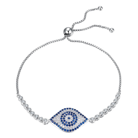 Blue Turkish Eye Tennis Bracelet in 925 Sterling Silver with Cubic Zirconia and 10 Inch Adjustable Box Chain, Sterling Silver Cubic Zirconia, Cubic Zirconia