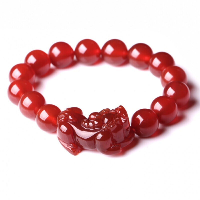 Feng Shui Red Agate Mantra Bead Bracelet with Pi Xiu/Pi Yao, Anti-Fatigue Transport Bracelet, Wealthy Lucky Amulet Bracelet