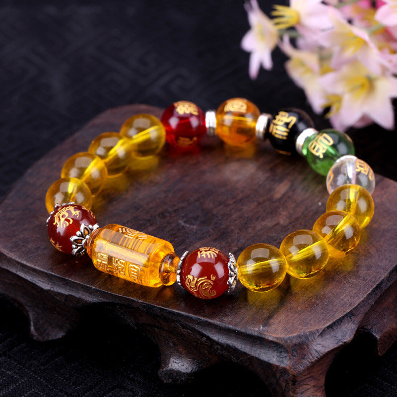 Citrine Pixiu/Piyao Five Elements Crystals Transfer Prayer Beads Feng Shui Bracelet, Lucky Charm Amulet Attracting Money Love