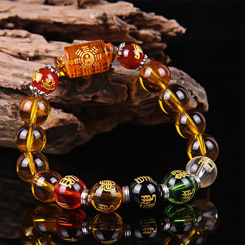 Citrine Pixiu/Piyao Five Elements Crystals Transfer Prayer Beads Feng Shui Bracelet, Lucky Charm Amulet Attracting Money Love