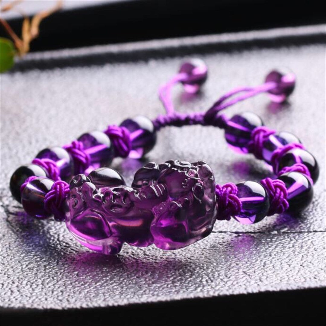 Natural Amethyst Quartz Amulette Pixiu/Piyao Feng Shui Bracelet