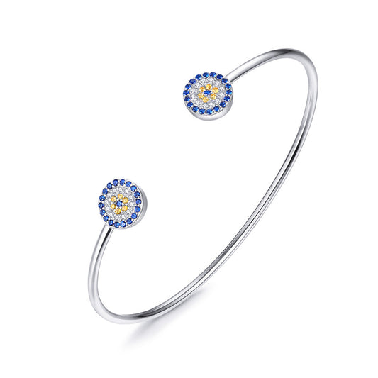 925 Sterling Silver Lucky Blue Eyes Blue CZ Women Open Cuff Bangle & Bracelet Luxury Silver Jewelry