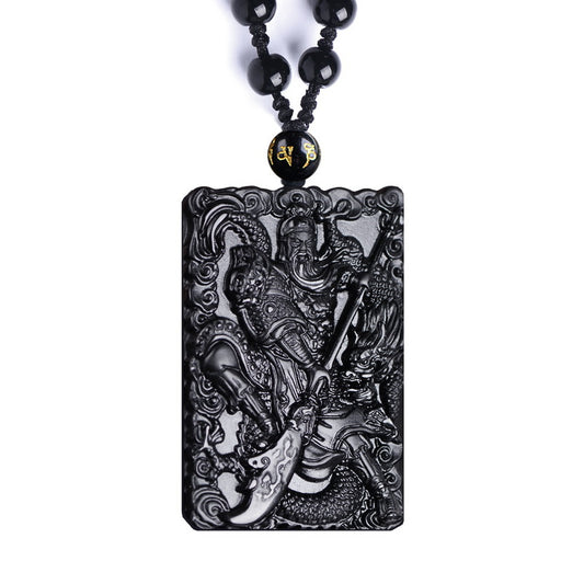 Natural Obsidian Dragon Guan Gong guan yu Necklace, Lucky Amulet Protection Pendant with Adjustable Bead Chain Black Crystal Talisman Spiritual Jewelry Gift