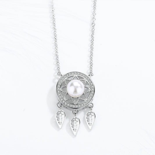 Dream Catcher Pendant Necklace 925 Sterling Silver Freshwater Pearl Cubic Zirconia