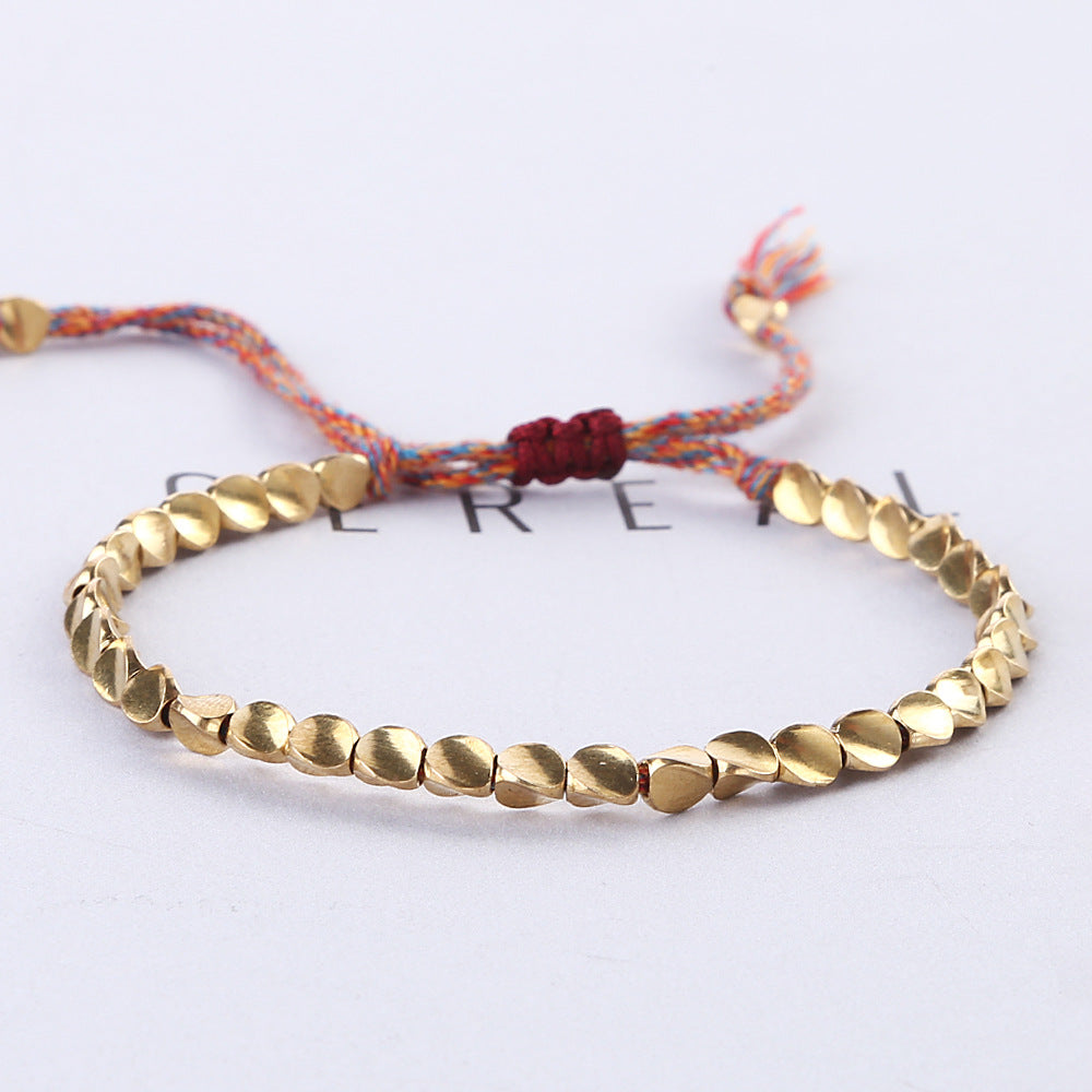 Tibetan Copper Beads Bracelet Handmade, Men's Gold Crown Bead Adjustable Bracelets, For Healing, Strength & Protection