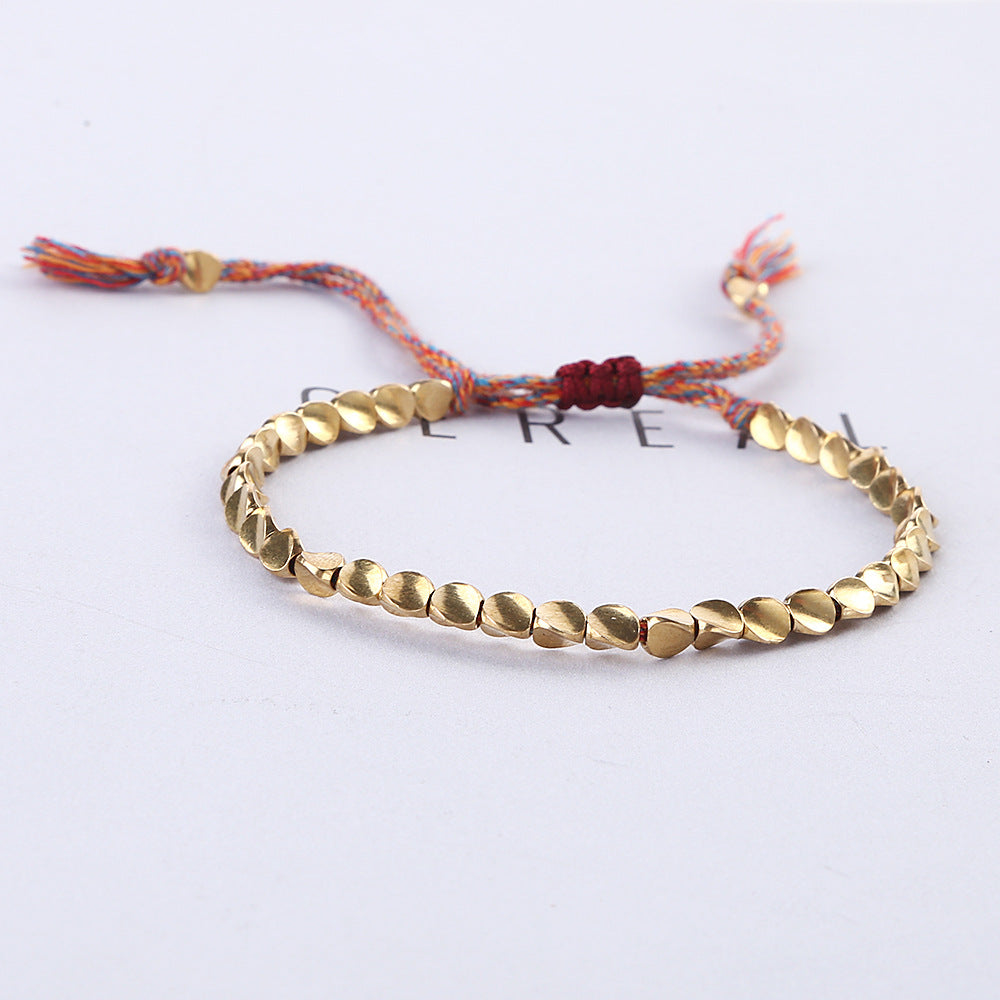 Tibetan Copper Beads Bracelet Handmade, Men's Gold Crown Bead Adjustable Bracelets, For Healing, Strength & Protection