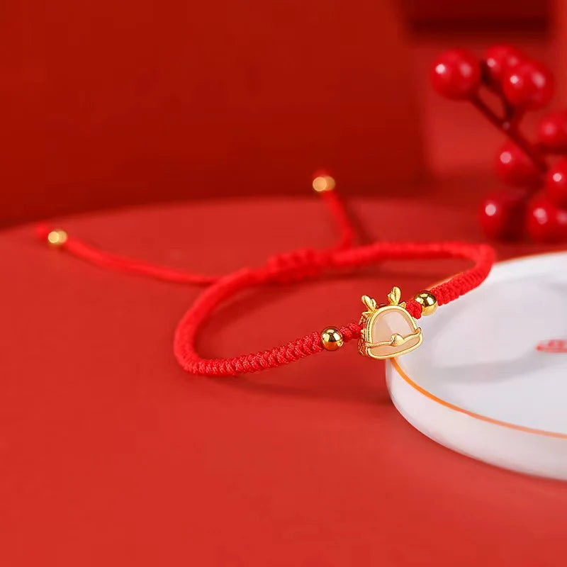 Dragon Red String Bracelet - White Jade