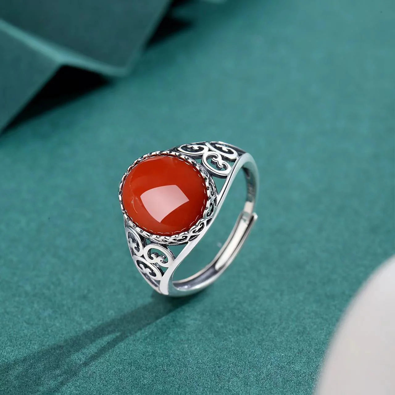 Natural Red Agate Silver Ring - Emotional Balance