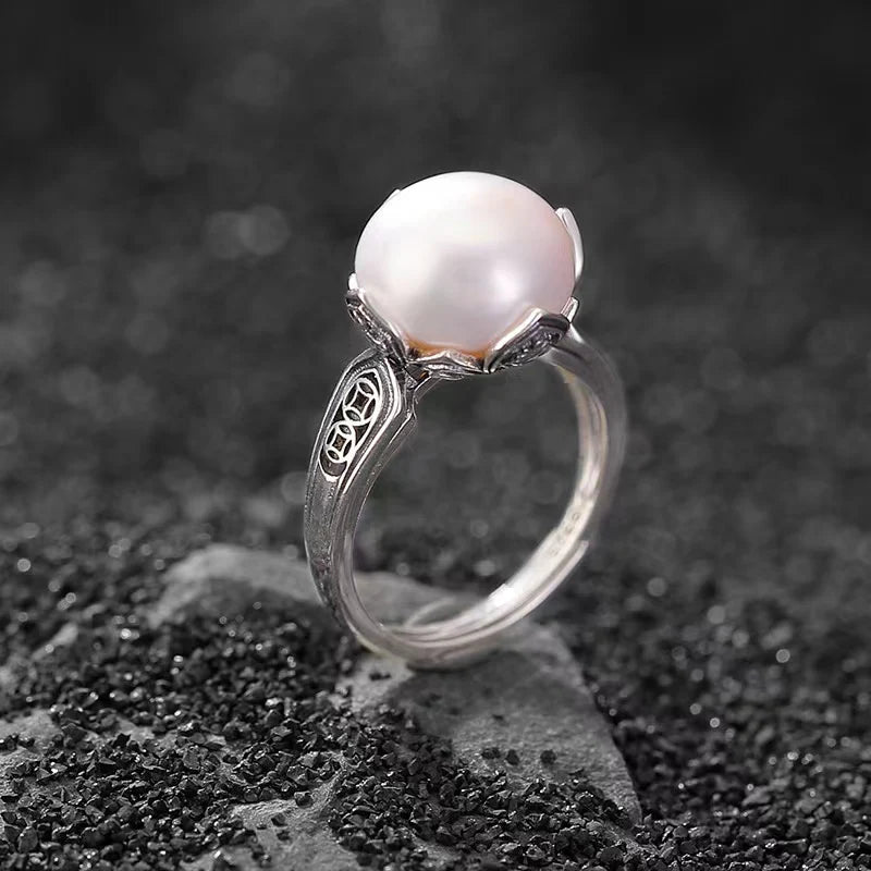 Natural Pearl S925 Silve Wealth Coin Vintage Ring - Harmony And Peace