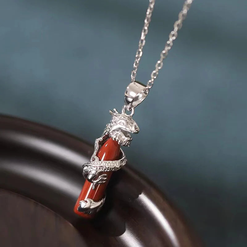 925 Silver Zodiac Dragon Red Agate Cylindrical Pendant Necklace - Auspiciousness And Prosperity