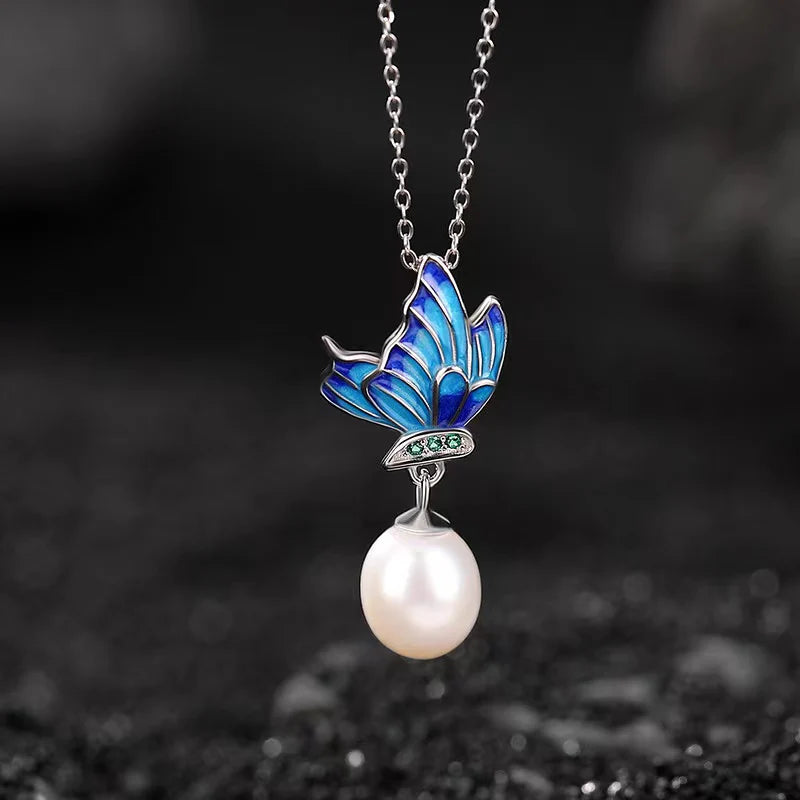 Natural Pearl Blue Enamel Butterfly 925 Silver Necklace - Harmony And Peace