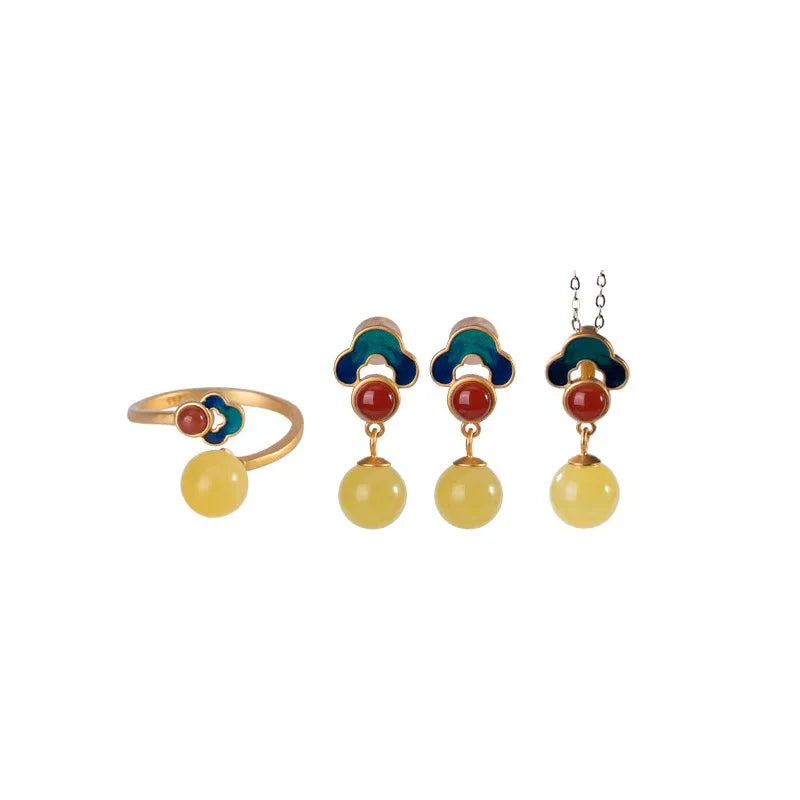 Auspicious Clouds Yellow Amber Jewelry Set - Prosperity and Lucky