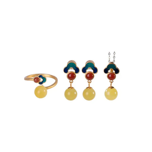 Auspicious Clouds Yellow Amber Jewelry Set - Prosperity and Lucky