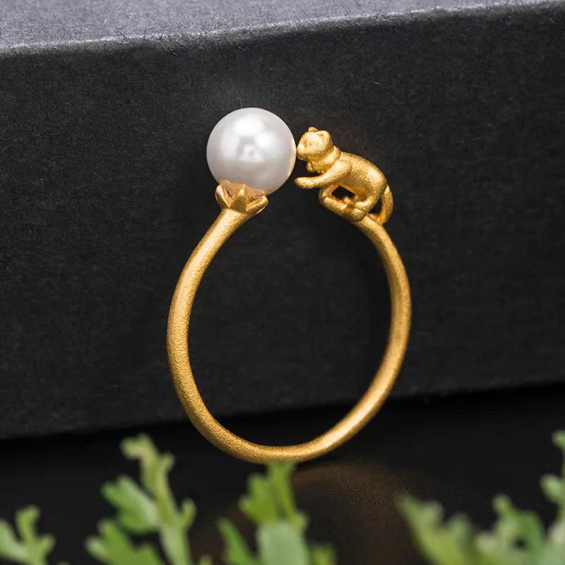 Original Design Gold Cat Pearl Silver Ring - Good Luck and Prosperity