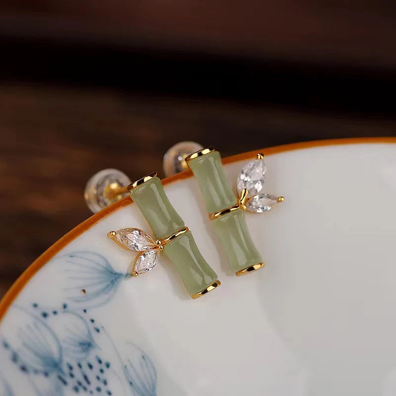 Natural Green Jade Bamboo 925 Silver Earrings - Prosperity Luck