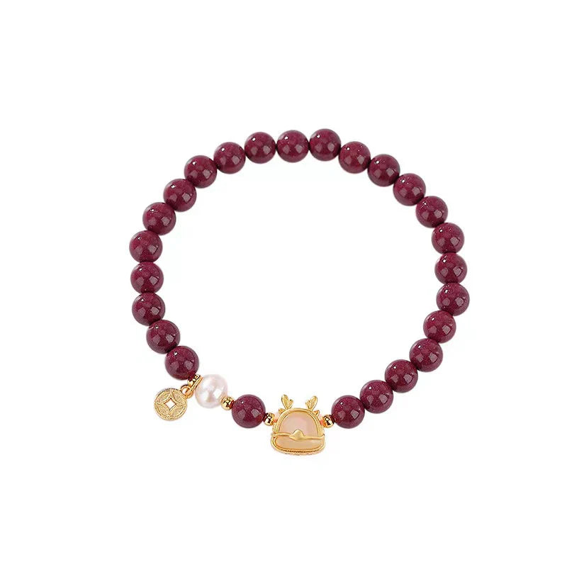 Wealth Dragon Jade Bracelet - Cinnabar Beads