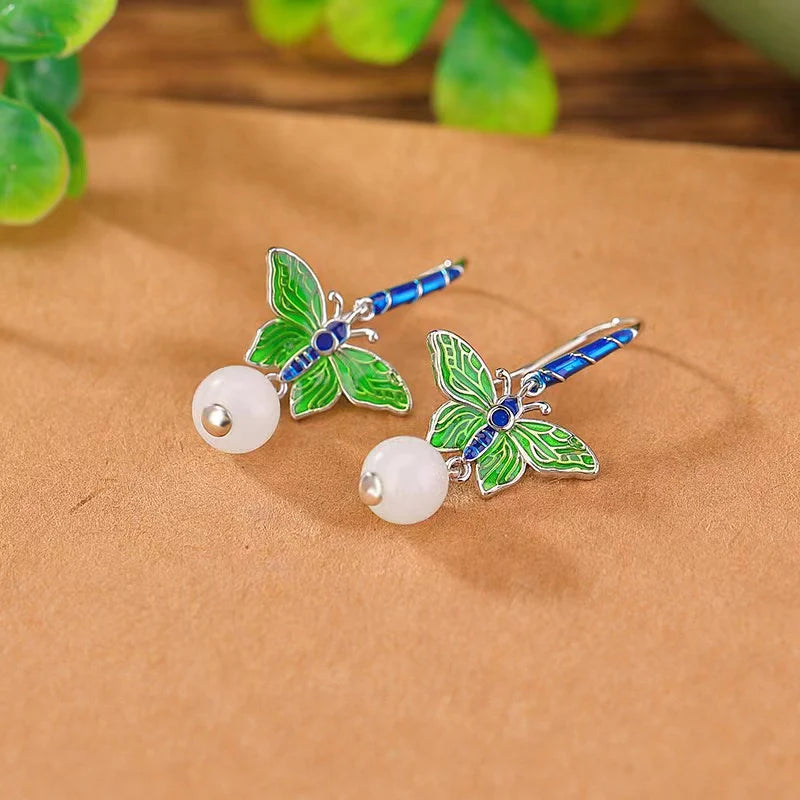 HeTian Jade Cloisonne Butterfly 925 Silver Earrings - Harmony And Peace