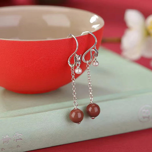 Auspiciousness Dragon And Phoenix Pearl 925 Silver Red Agate Earrings - Fortune and Prosperity