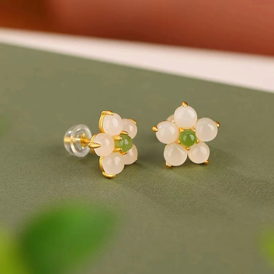 Flower Ruyi 925 Silver White Jade Earrings - Hope And Faith