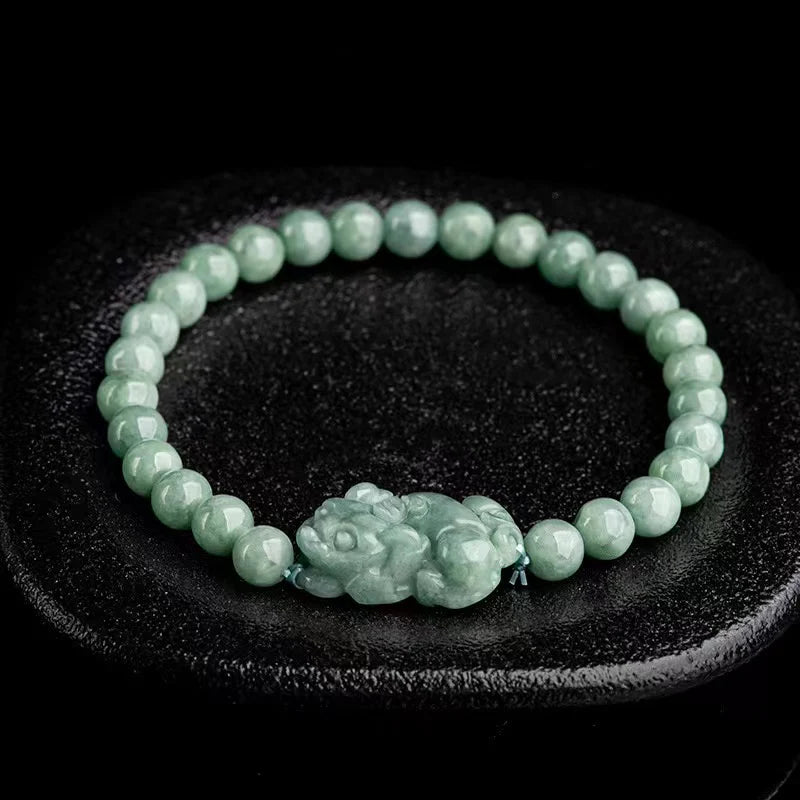 Natural Jade Feng Shui Pixiu Bracelet with Round Beads - Ancient Wisdom