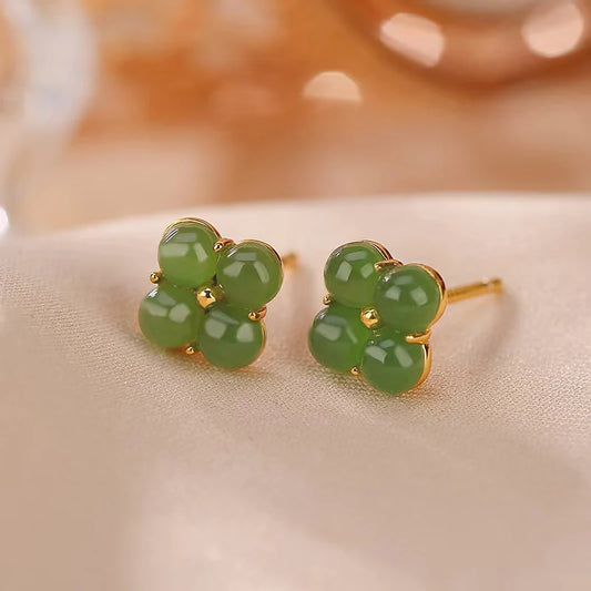 Lucky Four Leaf Clover 925 Silver Natural Jade Earrings - Luck And Hope