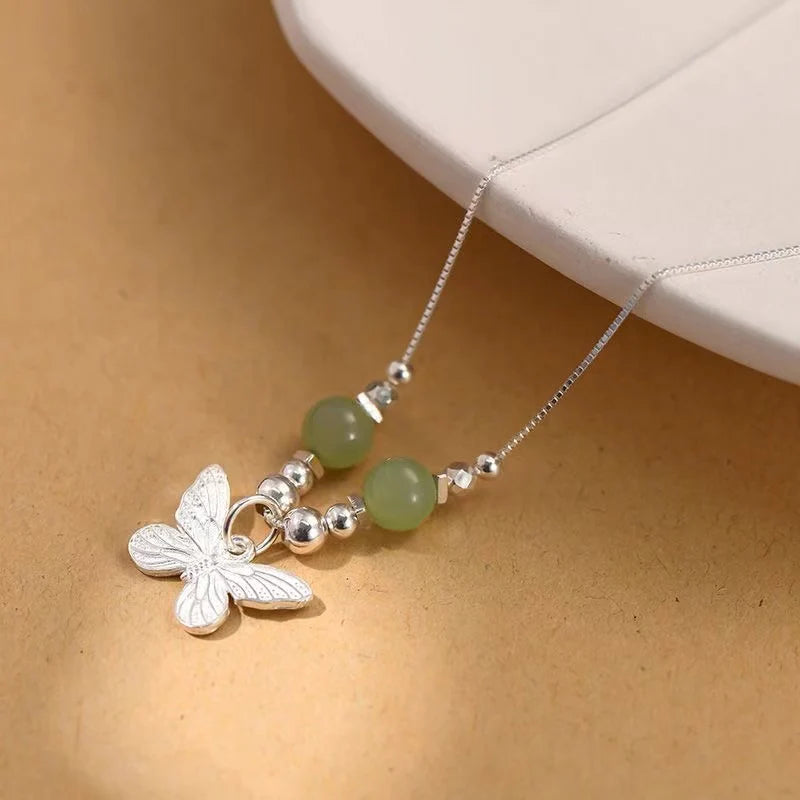 Butterfly Jade/Pearl Beads 925 Silver Necklace - Prosperity And Transformation