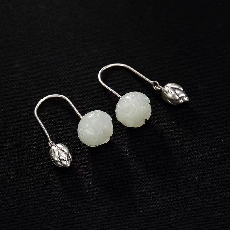 White Jade Lotus 925 Silver Earrings - Tranquility And Peace