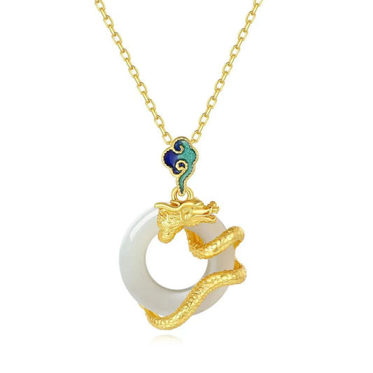 Year Of Dragon White Jade Peace Buckle 925 Silver Gold-plated Necklace - Auspiciousness And Prosperity