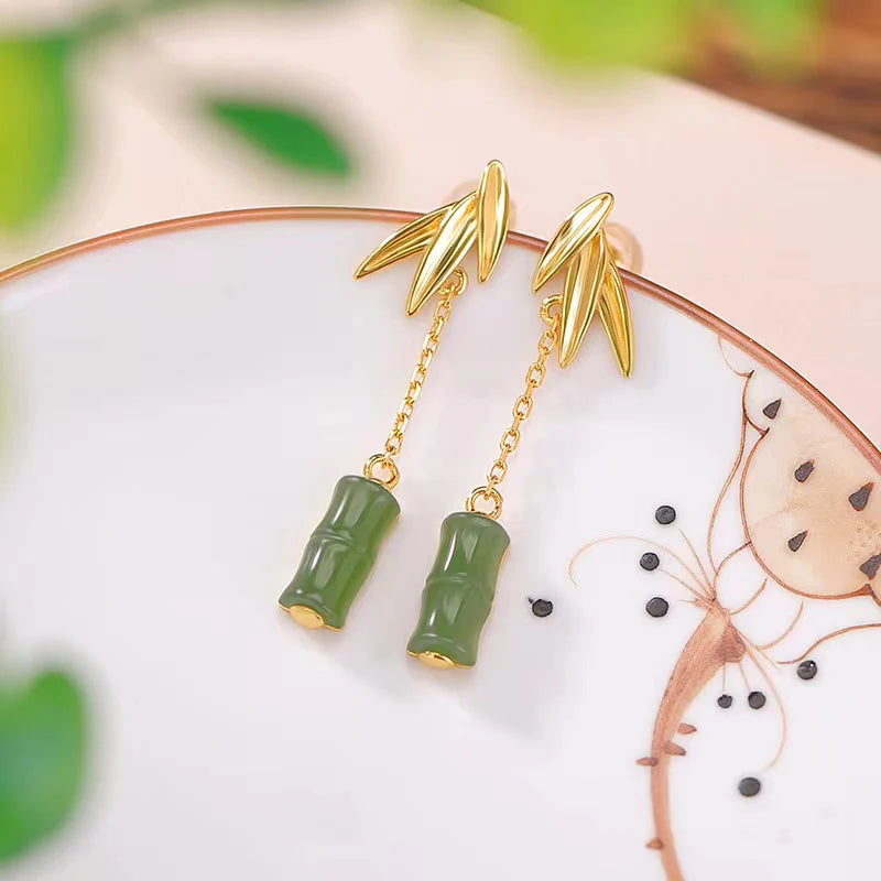 Green Bamboo Nephrite Drop 925 Silver Earrings - Prosperity Luck