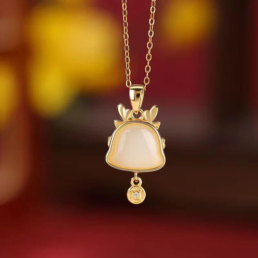 925 Silver Gold-plated Zodiac Dragon Pendant And Hetian Jade Necklace - Prosperity And Fortune