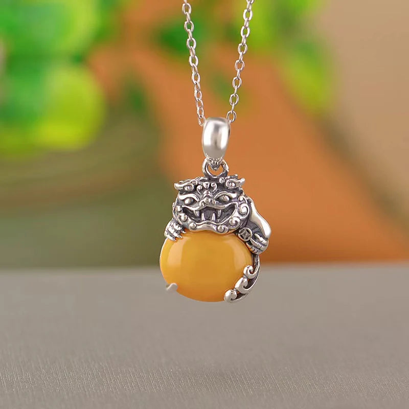 Taotie Yellow Agate 925 Silver Vintage Necklace - Defence And Balance