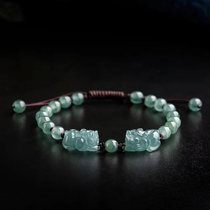 Double Pixiu Wealth Bracelet - Natural Ice Jade