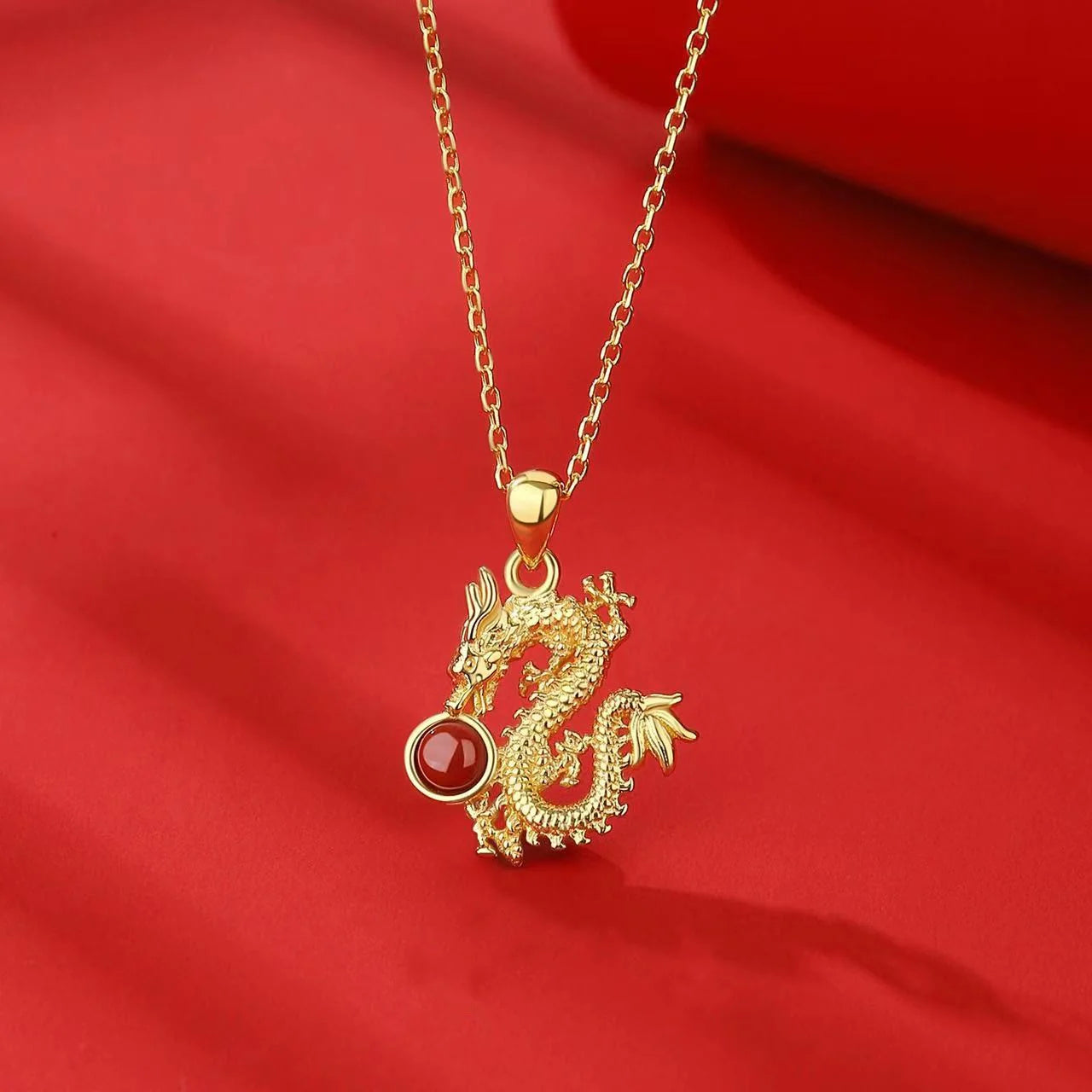 Year Of Dragon Red Agate 925 Silver Gold Plated Necklace - Auspiciousness And Prosperity