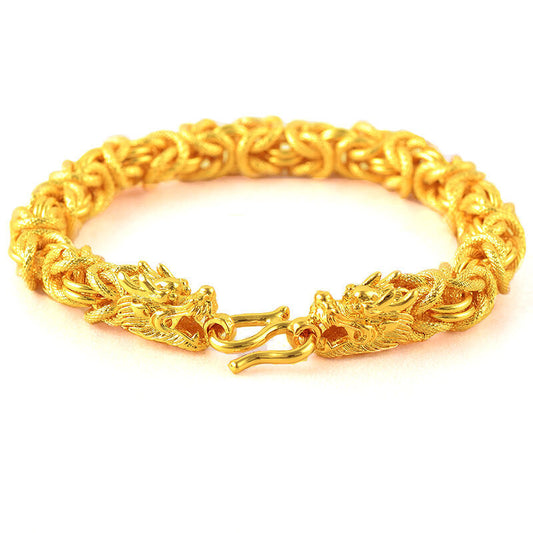 Double-Headed Golden Dragon Bracelet, Lao Sand 18K Gold Jewelry, Copper Plated Gold Hand Jewelry, Overbearing Retro Smooth Faucet Bracelet for Men Women