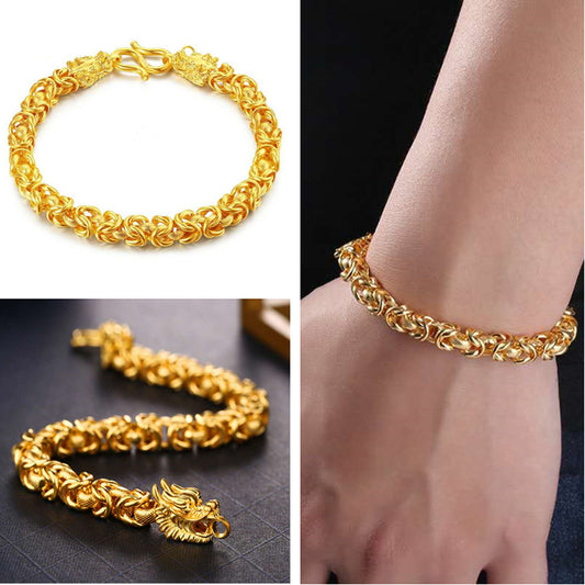 Double-Headed Golden Dragon Bracelet, Lao Sand 18K Gold Jewelry, Copper Plated Gold Hand Jewelry, Overbearing Retro Smooth Faucet Bracelet for Men Women