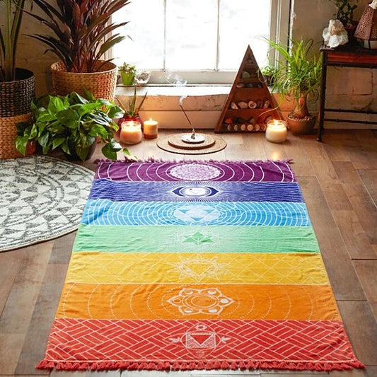 7 Chakra Rainbow Wall Hanging Tapestry Beach Towel, Cotton Microfiber Fabric Bohemia India Mandala Beach Blanket, Yoga Mat Bath With Tassels, 150cm x 75cm