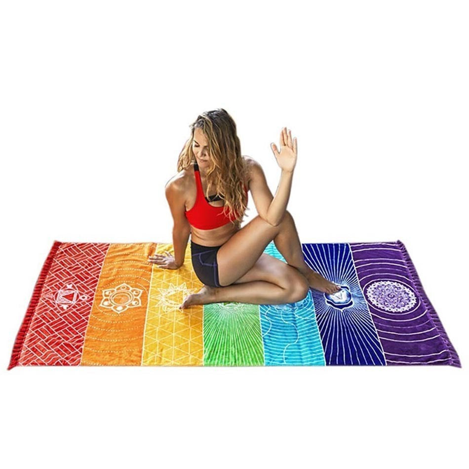 7 Chakra Rainbow Wall Hanging Tapestry Beach Towel, Cotton Microfiber Fabric Bohemia India Mandala Beach Blanket, Yoga Mat Bath With Tassels, 150cm x 75cm