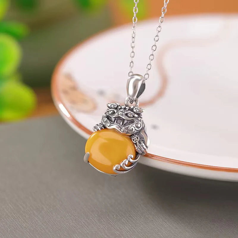 Taotie Yellow Agate 925 Silver Vintage Necklace - Defence And Balance