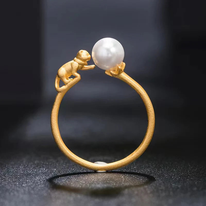 Original Design Gold Cat Pearl Silver Ring - Good Luck and Prosperity