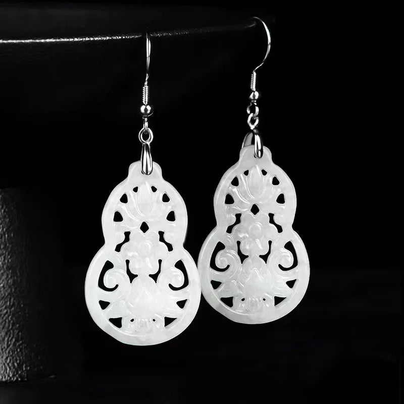 Natural Wulu White Jadeite Fortune 925 Silver Earrings - Peace And Blessings