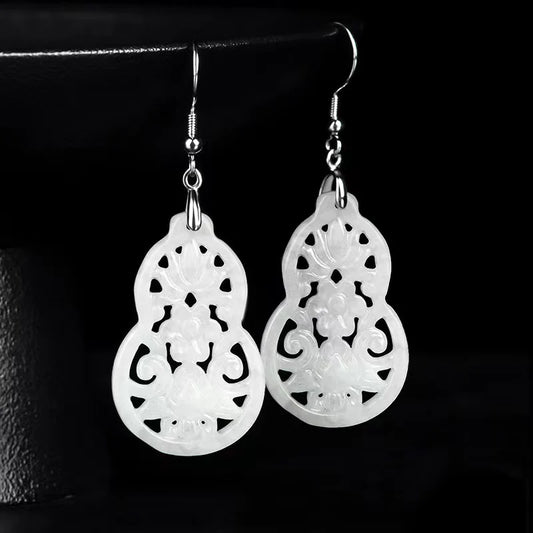 Natural Wulu White Jadeite Fortune 925 Silver Earrings - Peace And Blessings