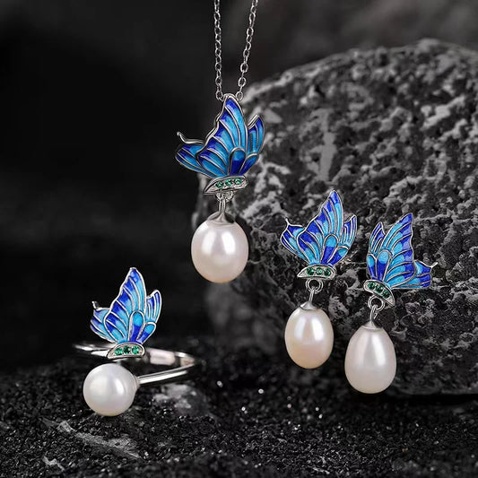 Natural Pearl Blue Enamel Butterfly 925 Silver Necklace - Harmony And Peace