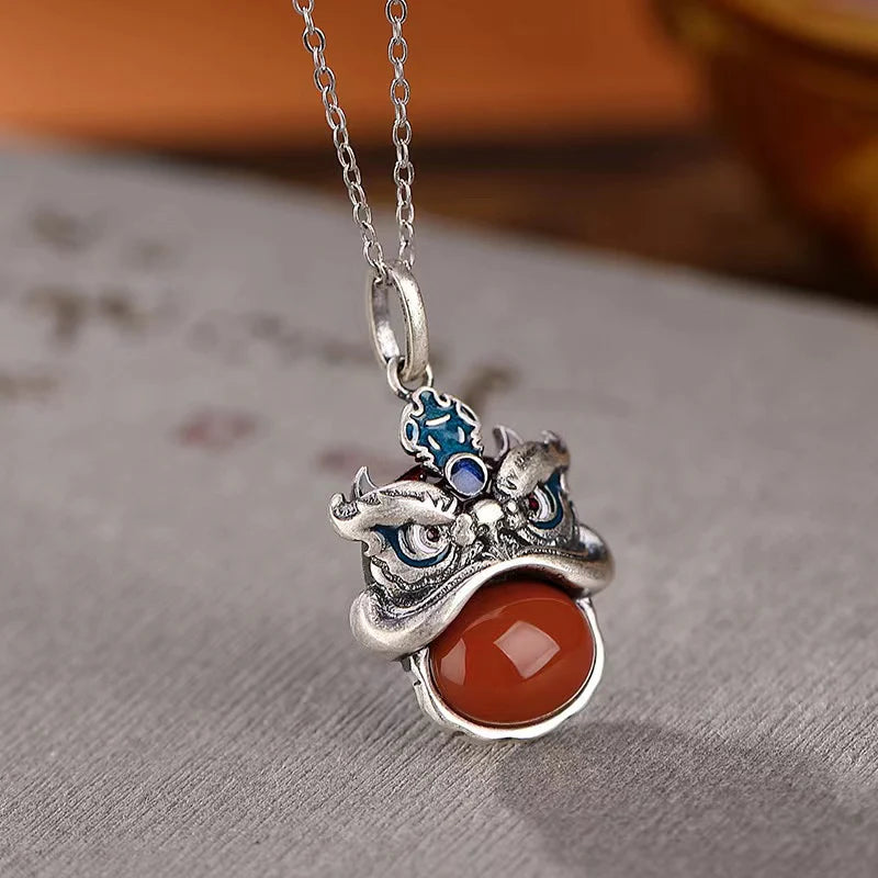 Dancing Lion Red Agate Vintage 925 Silver Necklace - Blessings And Prosperity