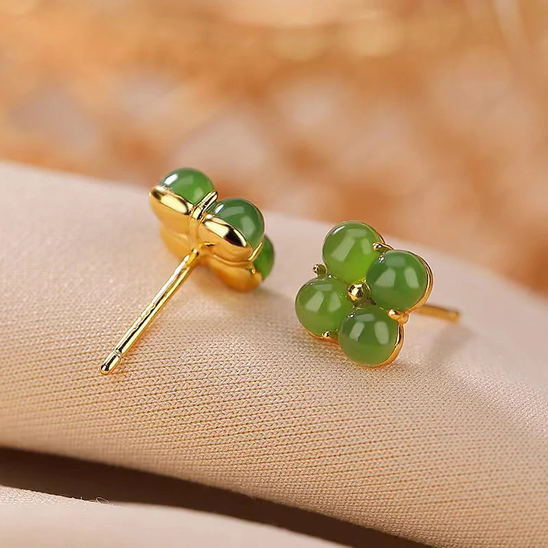 Lucky Four Leaf Clover 925 Silver Natural Jade Earrings - Luck And Hope