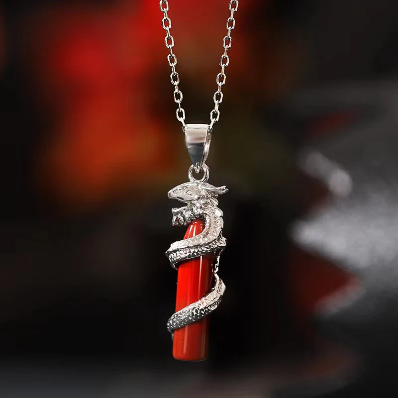 925 Silver Zodiac Dragon Red Agate Cylindrical Pendant Necklace - Auspiciousness And Prosperity